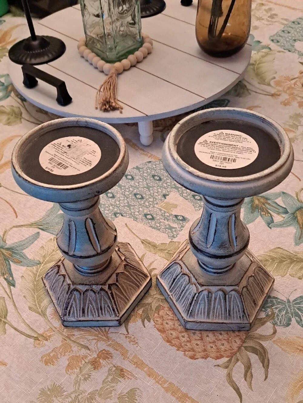 Distressed Blue Wooden Candle Holders Pair - Home Accents